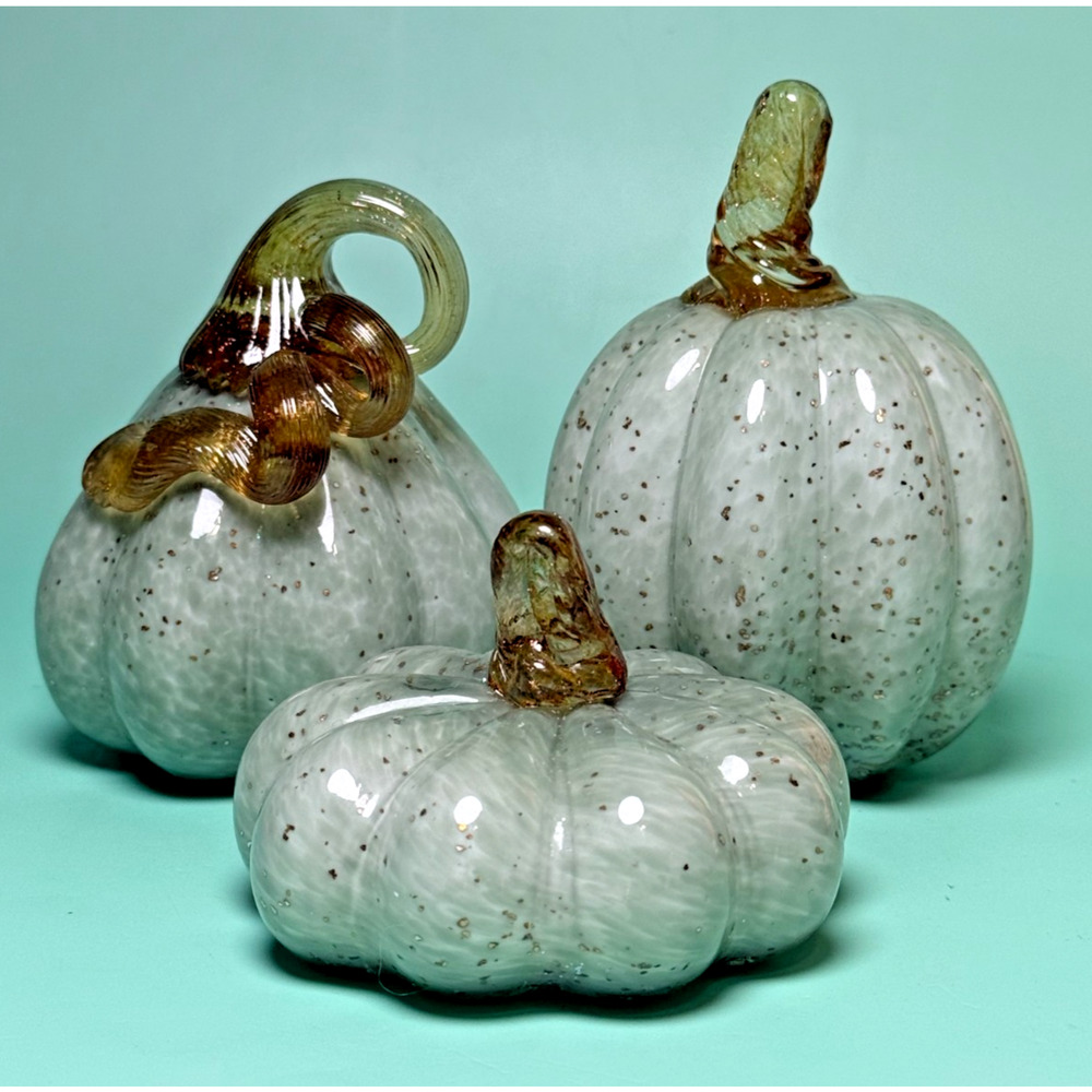 Trio Handblown Art Glass Pumpkins Pastel Pistachio Green Swirl Gold Flecks Stems - Picture 2 of 7